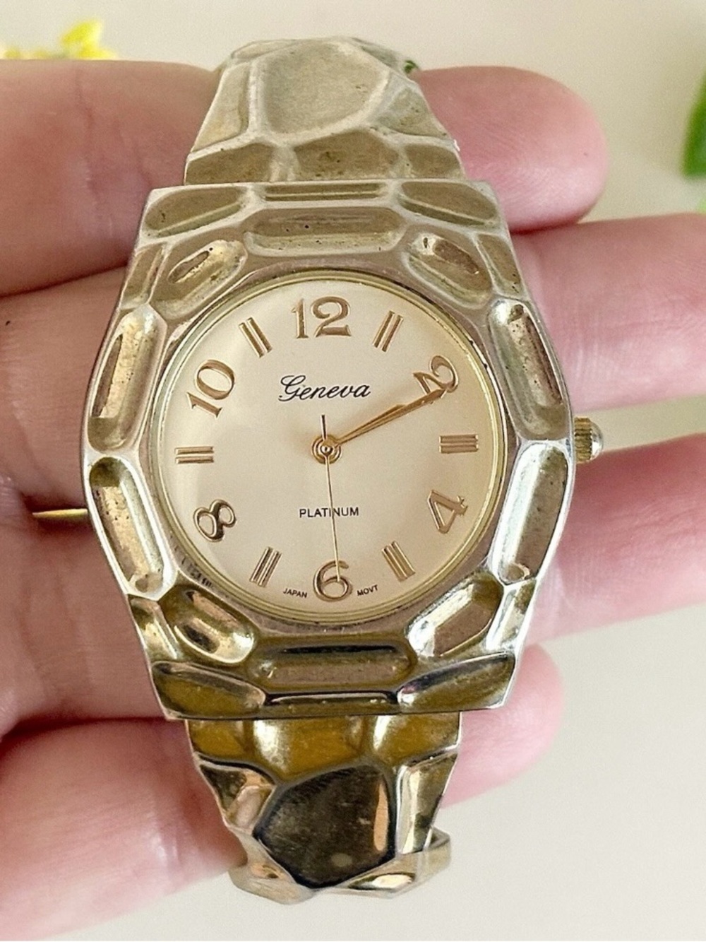 Vintage Geneva Platinum Chunky Textured Hammered Molten Bold Cuff Watch WORKS!!